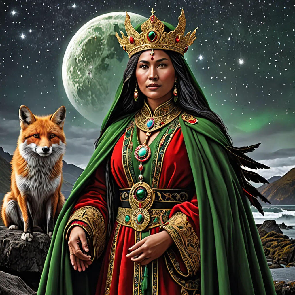 a painting of a woman in a red dress and a fox in front of a full moon sky with stars, fantasy art, a character portrait, Anne Stokes, epic fantasy character art