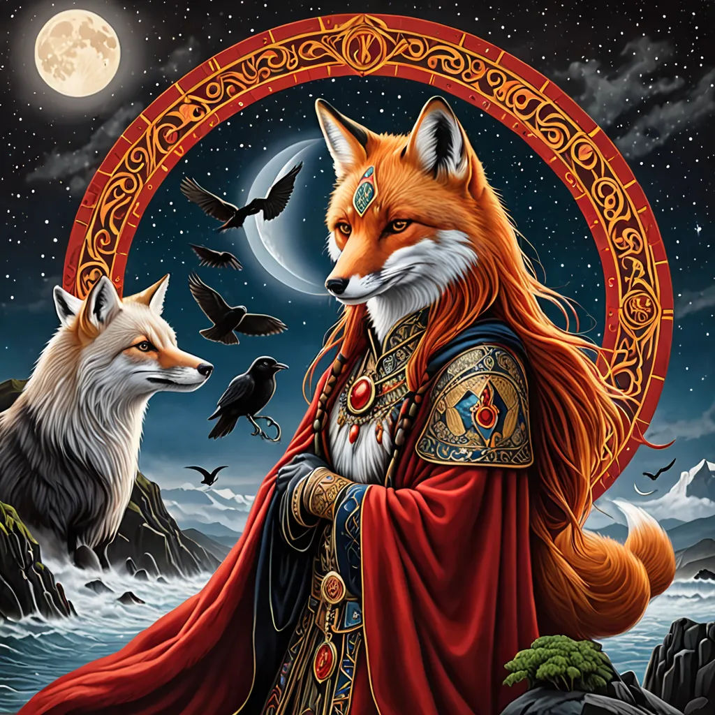 a painting of a fox and a fox in a circle with a moon in the background and a bird in the foreground, fantasy art, a detailed painting, Anne Stokes, fantasy artwork