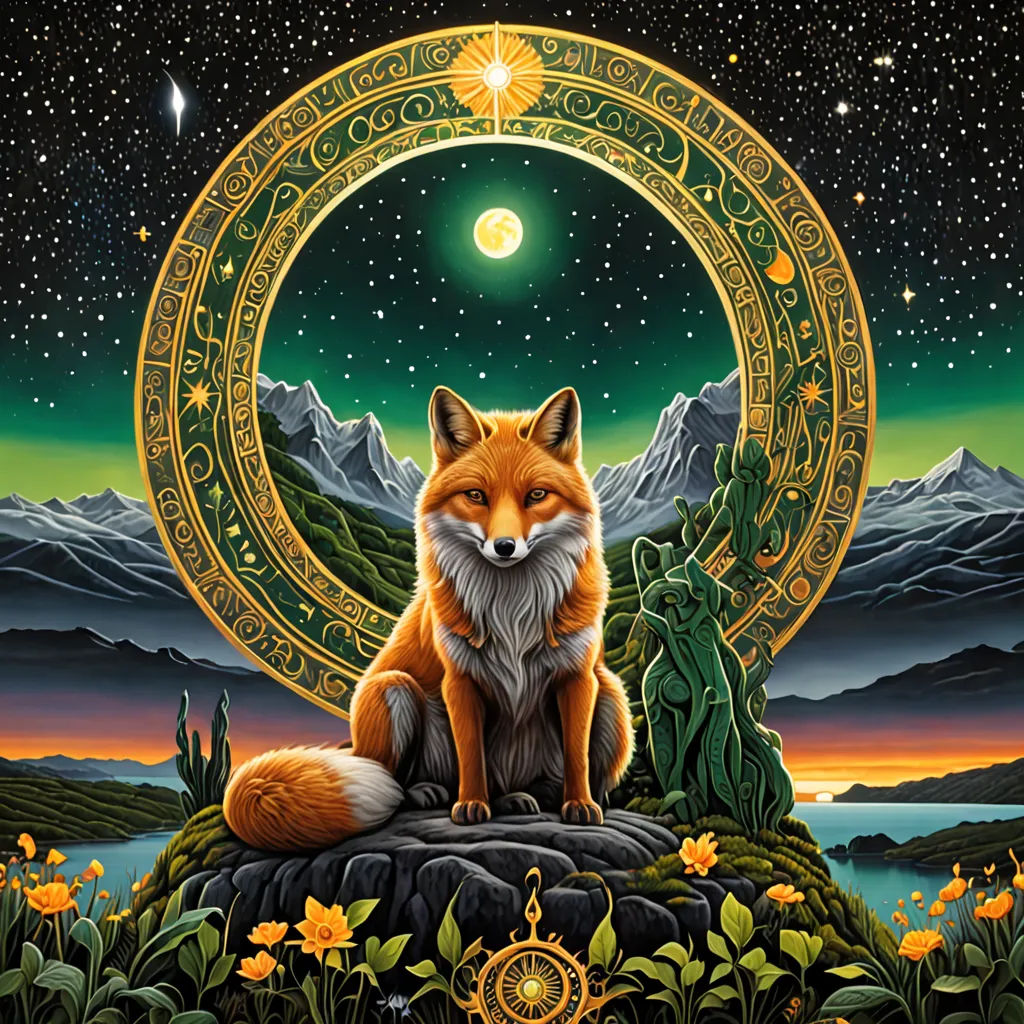 a painting of a fox sitting on a rock in front of a full moon and mountains with a star in the sky, psychedelic art, a storybook illustration, Chris LaBrooy, fantasy artwork