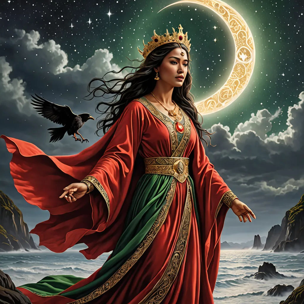a woman in a red dress standing on a rock with a bird flying over her shoulder and a crescent moon in the background, fantasy art, a detailed painting, Donato Giancola, dark fantasy art