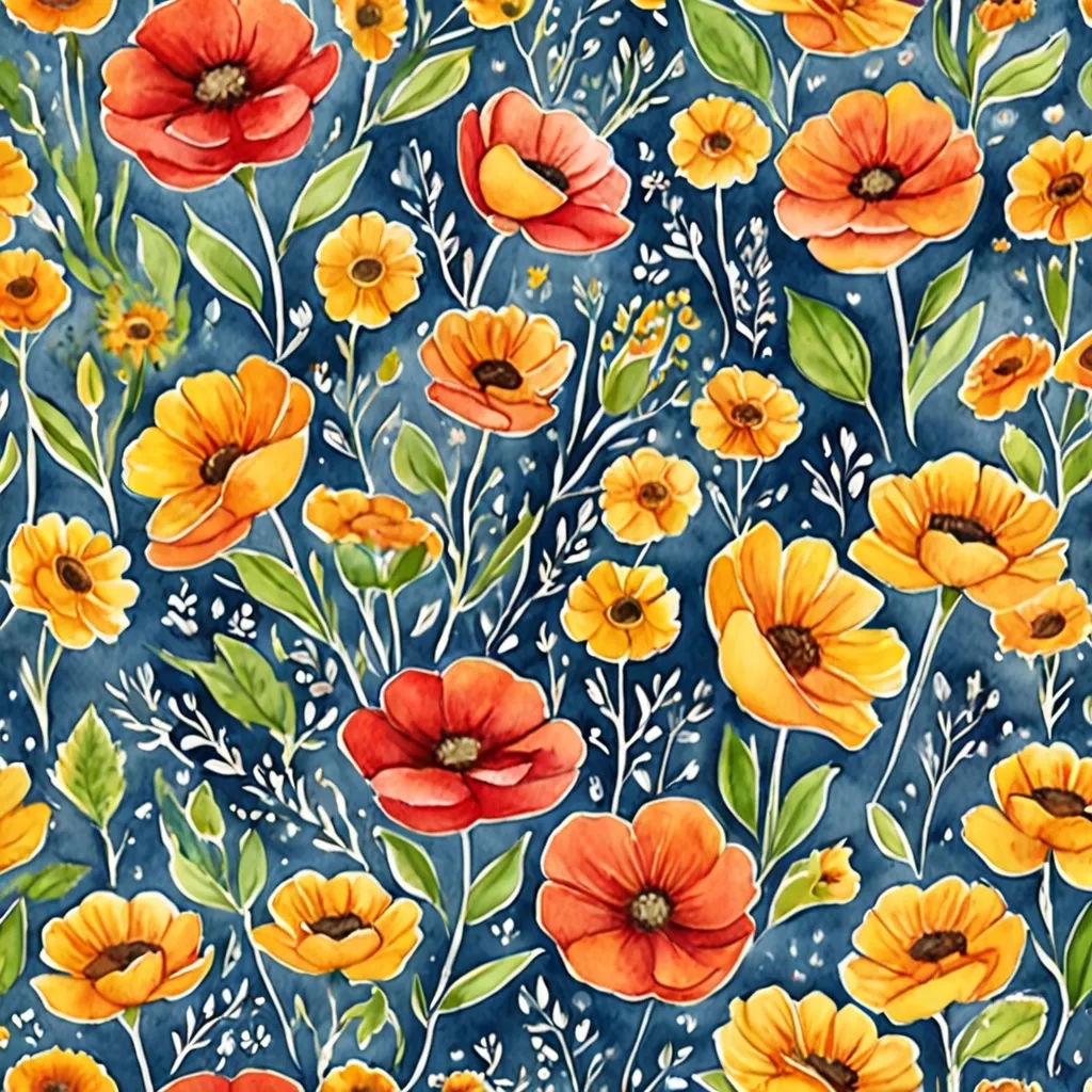 a painting of flowers on a blue background with leaves and flowers in the middle of the image, and a blue background with a white border, folk art, a watercolor painting, Annabel Kidston, in gouache detailed paintings