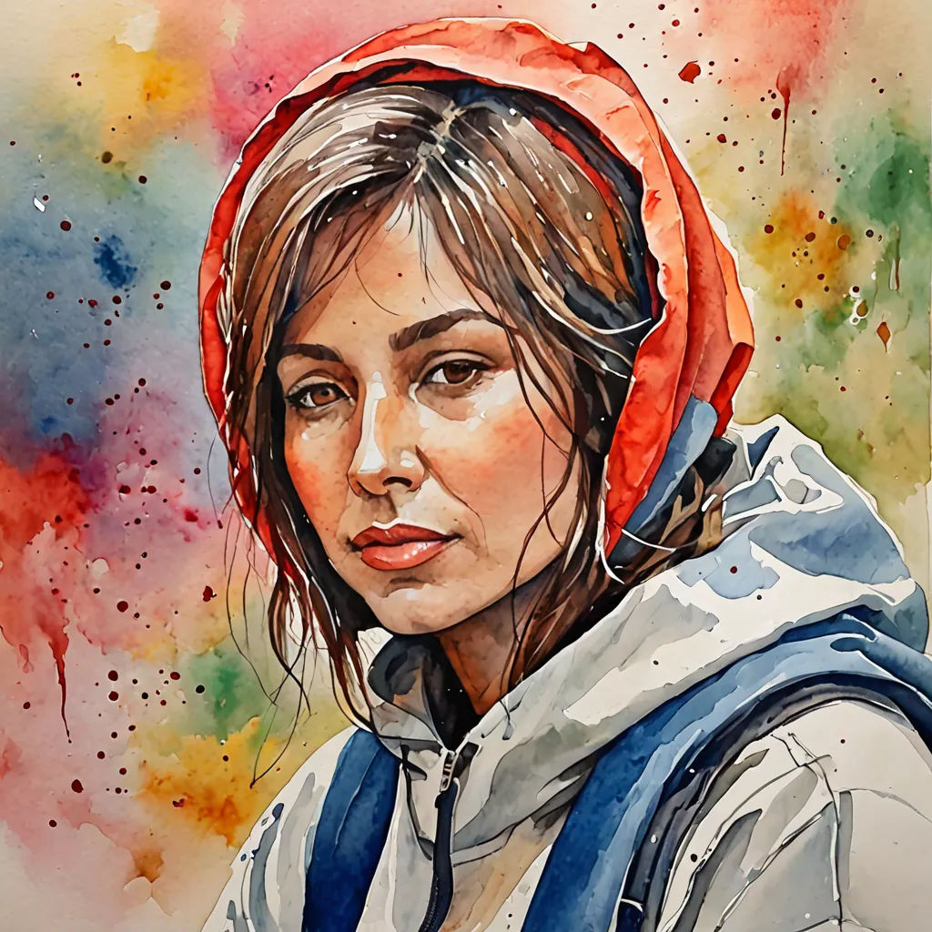 a watercolor painting of a woman wearing a red head scarf and a blue jacket with a red scarf around her neck, figurative art, a watercolor painting, Elina Karimova, watercolor