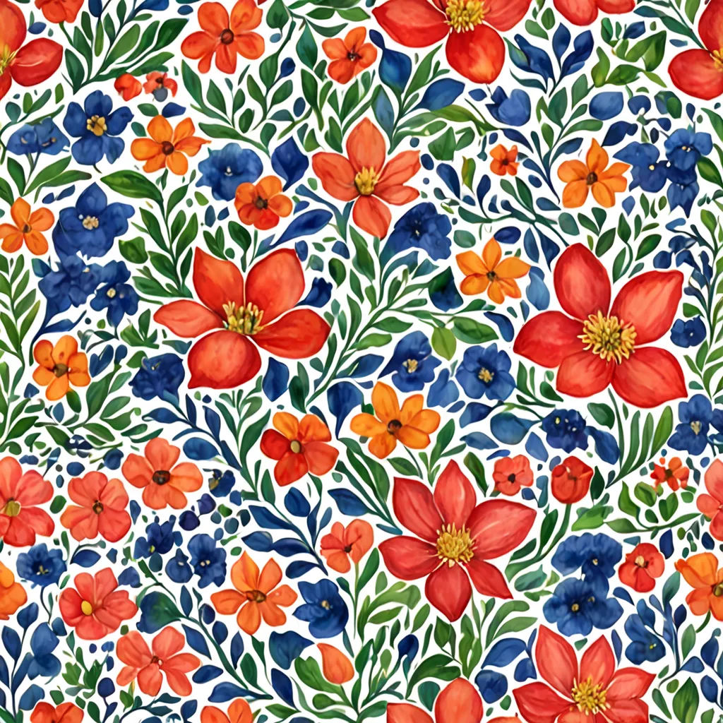 a floral pattern with red, blue and green flowers on a white background with leaves and flowers on a white background, folk art, a watercolor painting, Annabel Kidston, in gouache detailed paintings