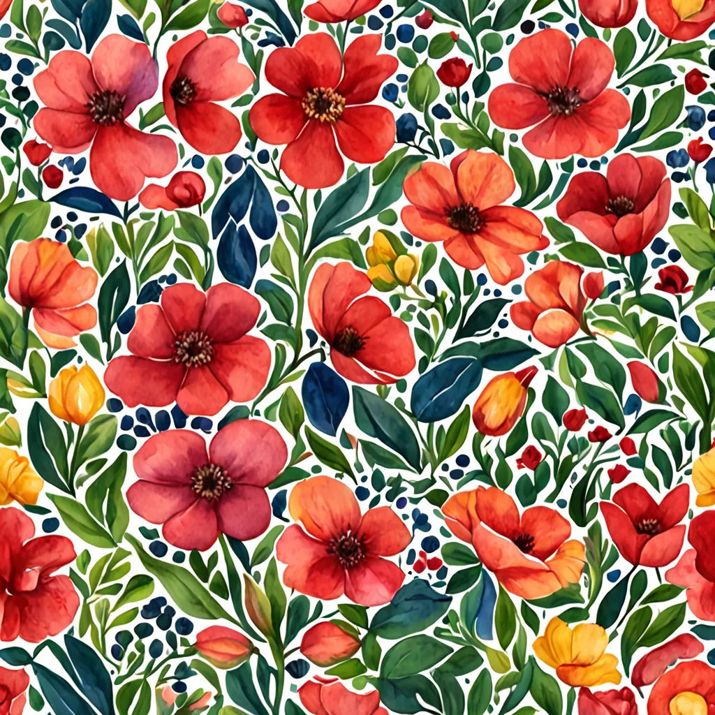 a floral pattern with red, yellow and green flowers on a white background with leaves and berries on a white background, arts and crafts movement, a watercolor painting, Annabel Kidston, in gouache detailed paintings