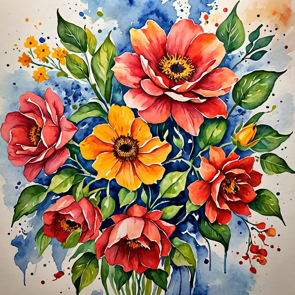 a painting of a bouquet of flowers on a white background with blue watercolor splashes and a splash of paint, modern european ink painting, a watercolor painting, artist, detailed painting