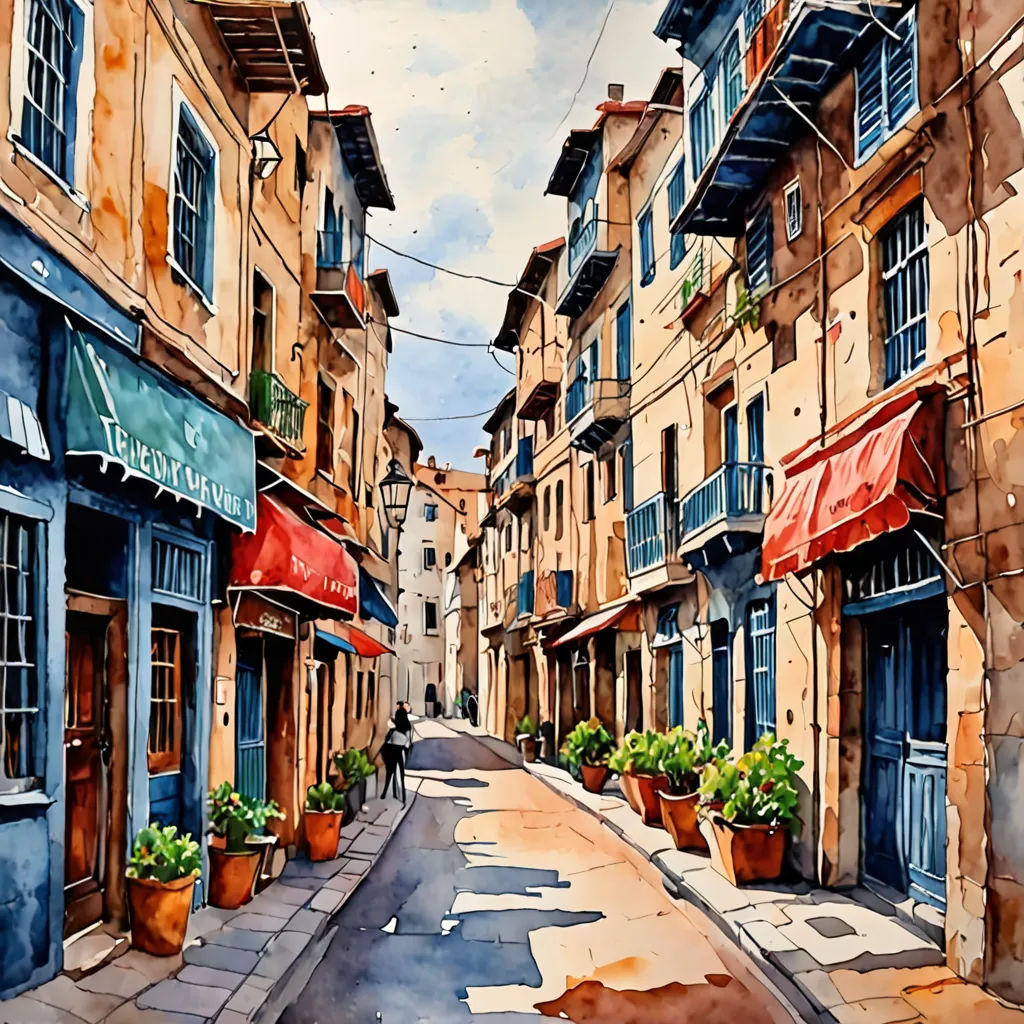 a painting of a street with buildings and a person walking down the street in front of them with a red awning, modern european ink painting, a watercolor painting, Colin Middleton, watercolor