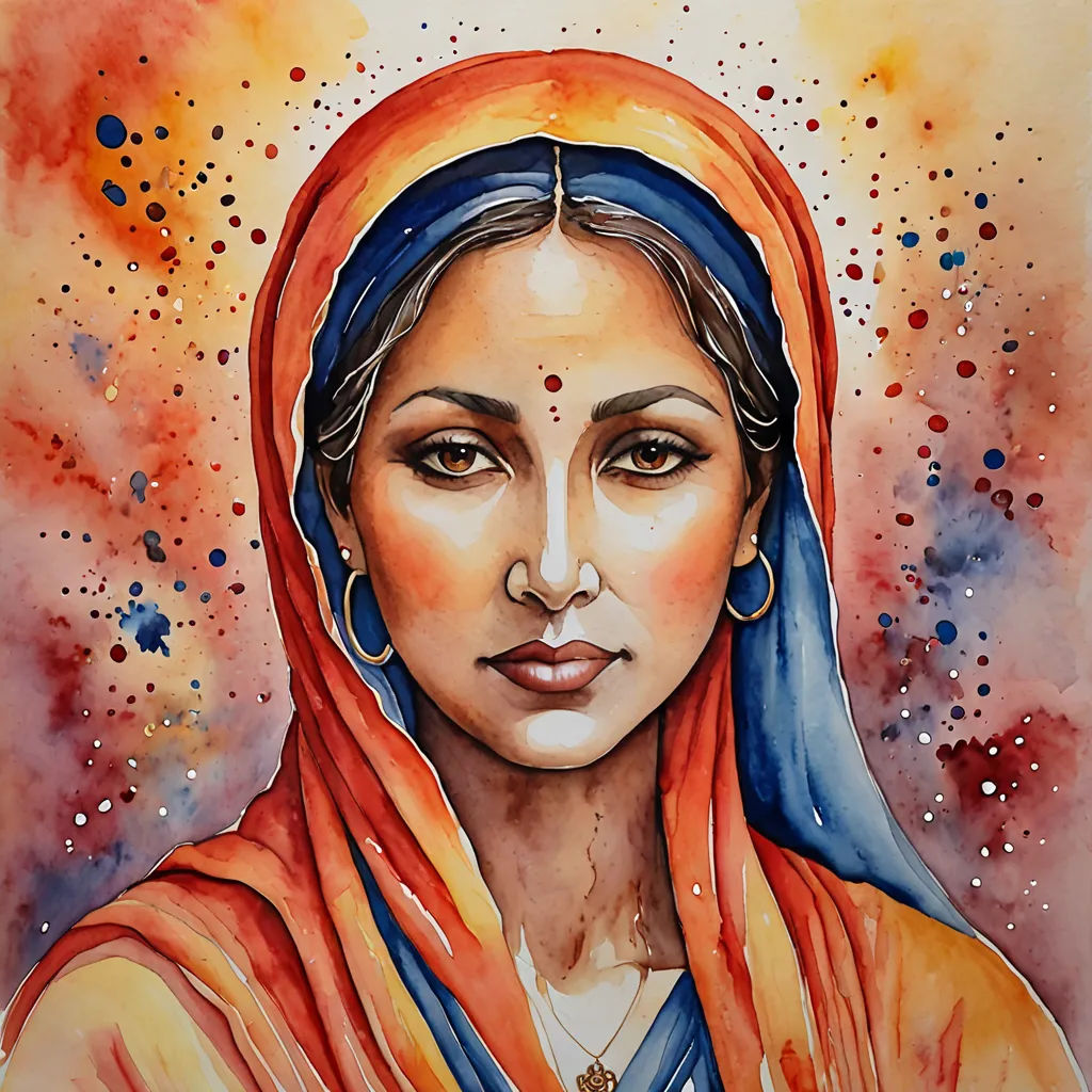 a painting of a woman wearing a red shawl and a blue head scarf with a red and yellow background, figurative art, a watercolor painting, Ella Guru, woman