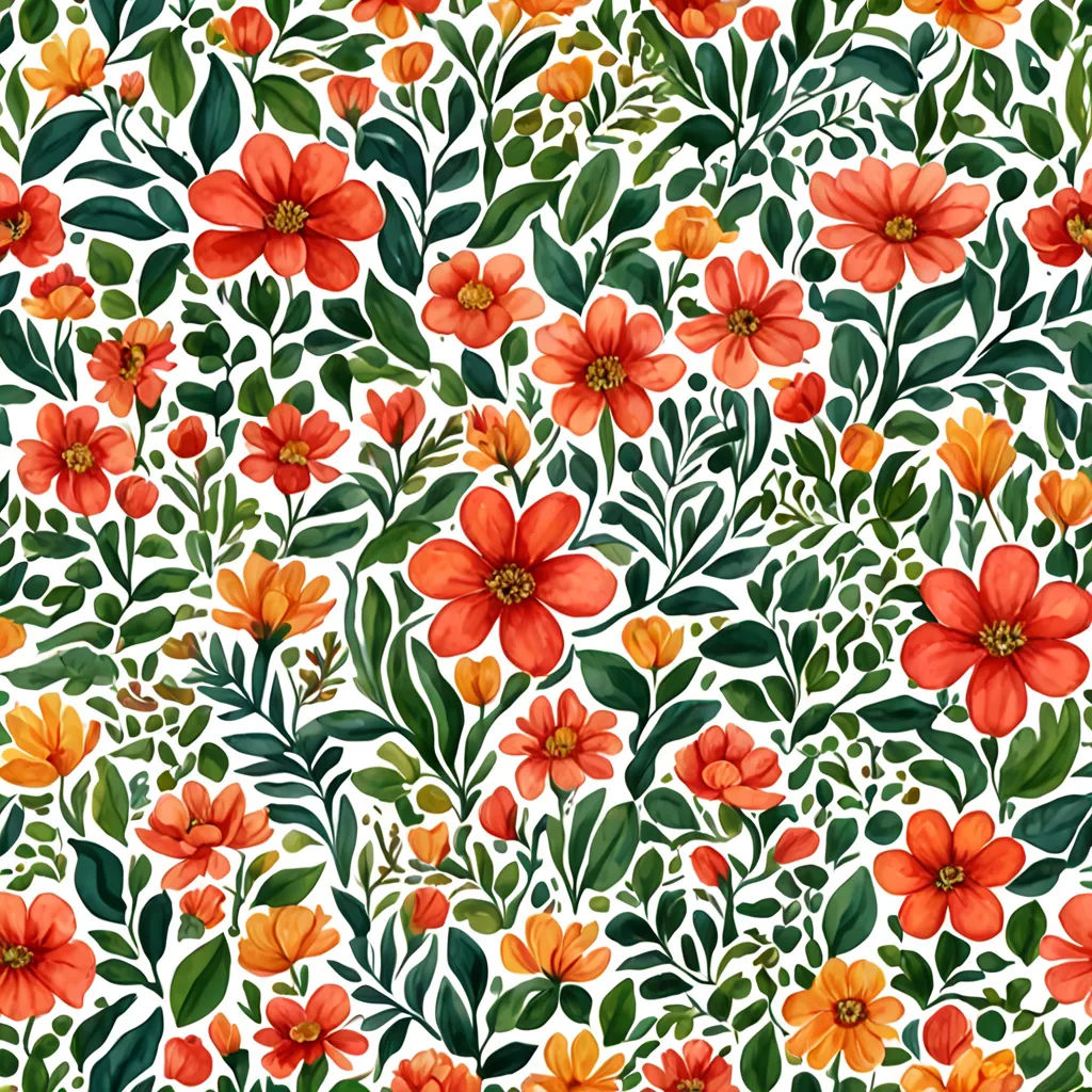 a floral pattern with orange and green flowers on a white background with green leaves and flowers on a white background, arts and crafts movement, a gouache, Annabel Kidston, in gouache detailed paintings