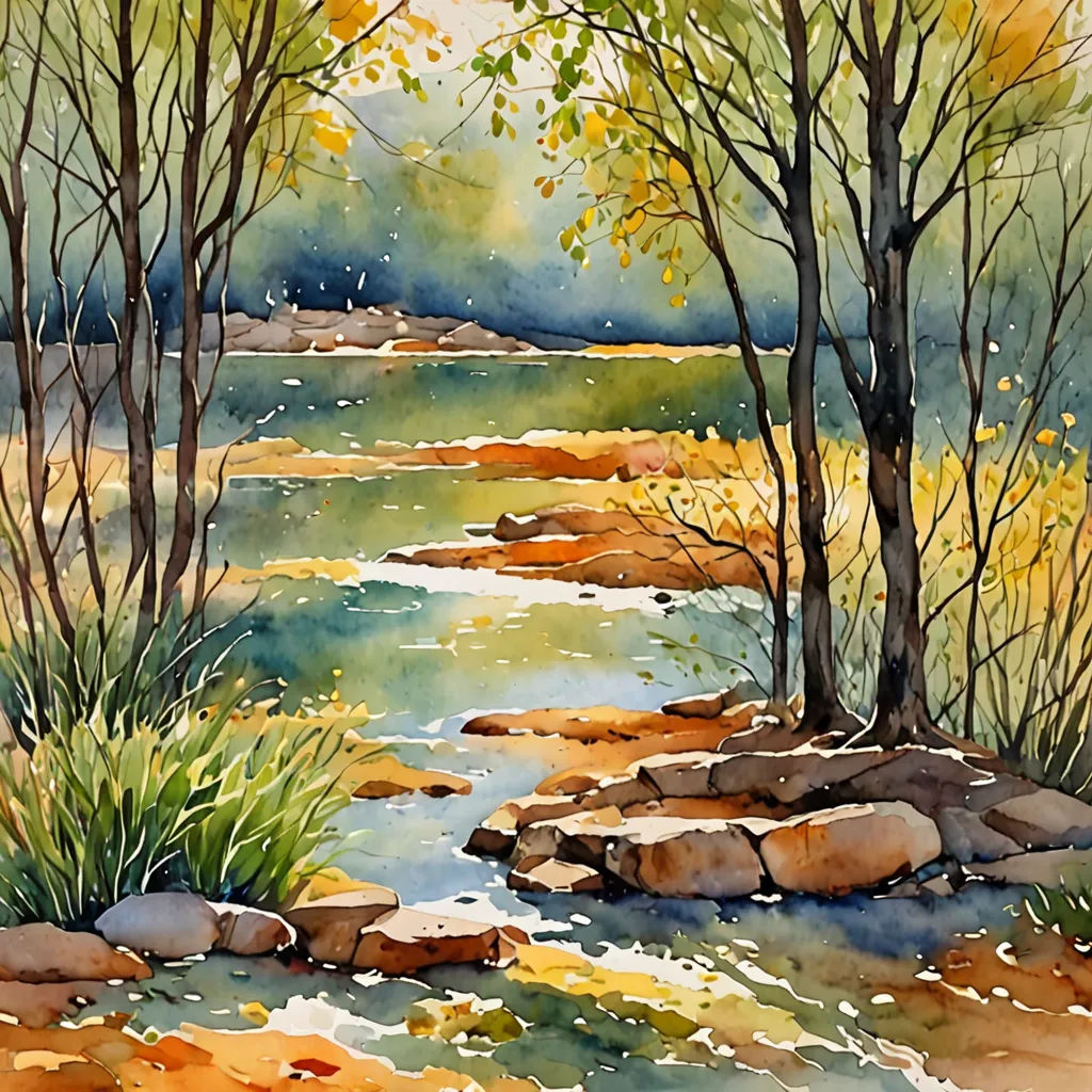 a painting of a river with trees and rocks in the water and a few bushes and grass in the water, plein air, a watercolor painting, Carol Sutton, watercolor