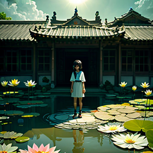 a girl standing on a lily pad in front of a building with a sun in the background and a pond of water lillies