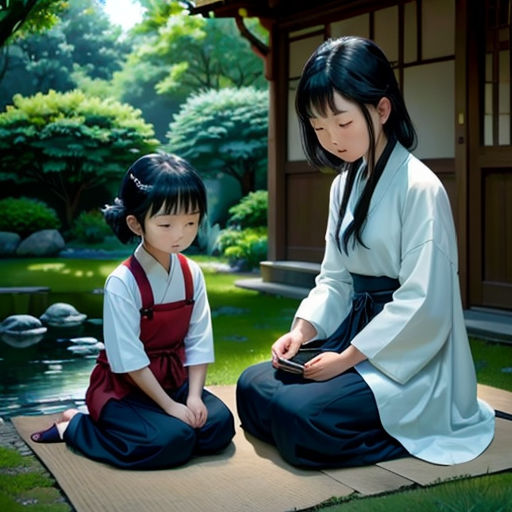 a woman and a child sitting on a mat in front of a pond and a building with a japanese garden