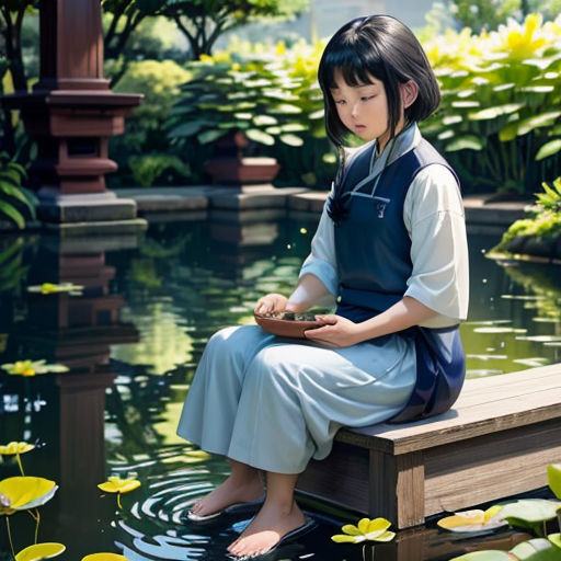 a woman sitting on a bench in front of a pond with lily pads and water lilies in the water