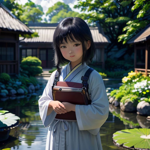 a young girl holding a book in front of a pond with lily pads and a building in the background