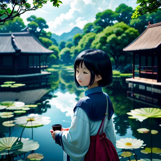 a woman standing in front of a pond holding a cup of coffee in her hand and looking at the water