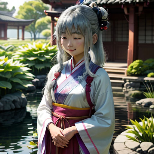 a woman in a kimono standing in front of a pond with a fish in it's mouth