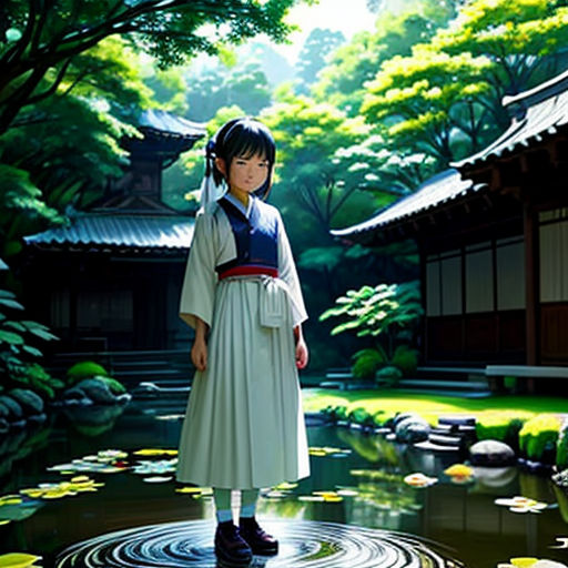 a woman standing in a pond of water with a house in the background and trees in the background with leaves