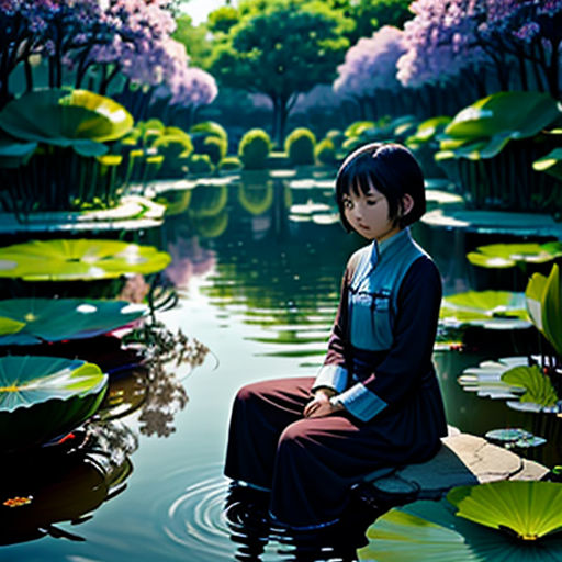 a woman sitting on a lily pad in a pond of water with lily pads around her and trees in the background