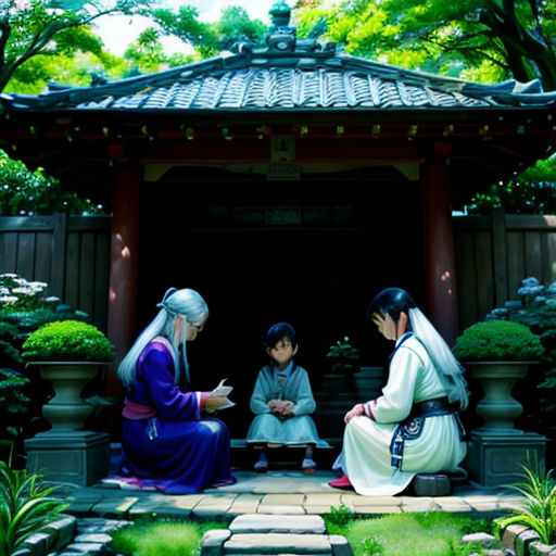 a couple of women sitting on top of a bench in a garden next to a building with a tree