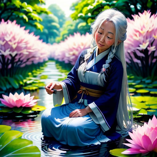 a woman sitting on top of a lily covered pond next to a pink flower covered forest with water lilies