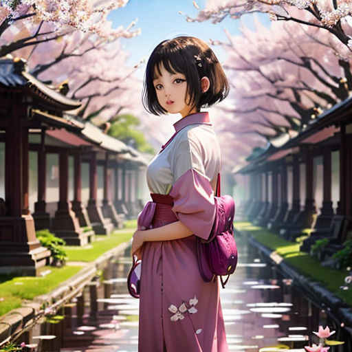 a woman in a pink dress standing in front of a pond with flowers on it and a cherry blossom tree in the background