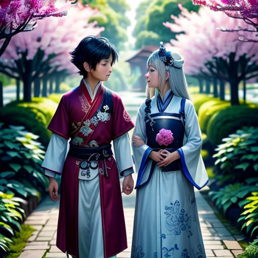 a couple of people standing next to each other in a park with trees and flowers in the background and a path leading to a pavilion
