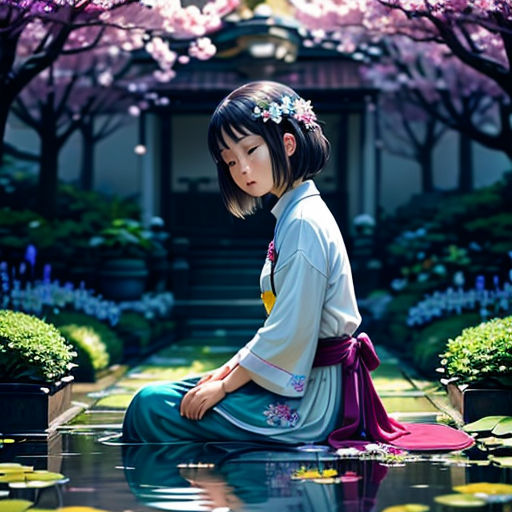 a young girl sitting on a lily pad in front of a house with pink flowers in the background and a pond of water