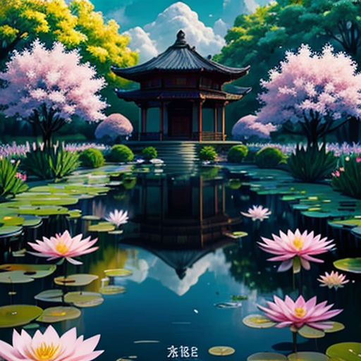 a painting of a pond with water lilies and a pagoda in the background with clouds and trees in the foreground