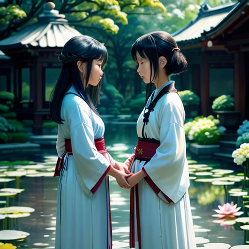 two women in traditional japanese dress standing in front of a pond of water lillies and lily pads, facing each other