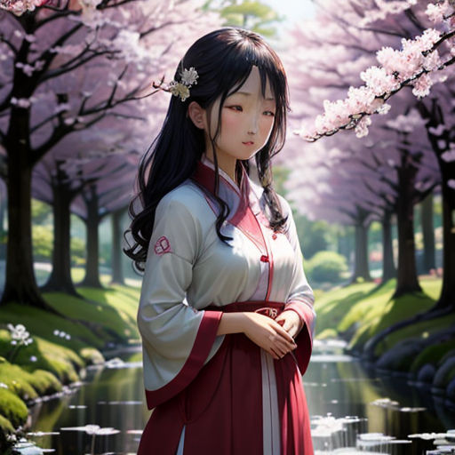 a woman in a kimono standing in front of a pond of water and trees with pink flowers on it