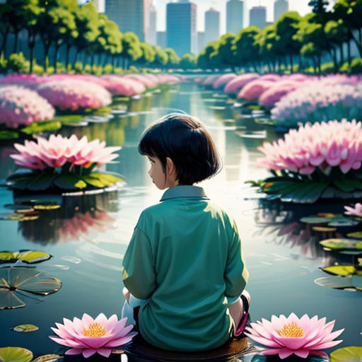 a child sitting on a lily pad looking at a pond of water lilies with a city in the background
