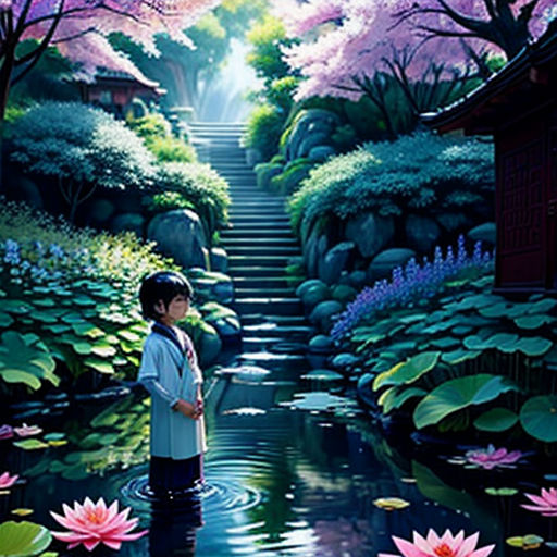 a woman standing in a pond of water surrounded by flowers and trees with a stairway leading to a building