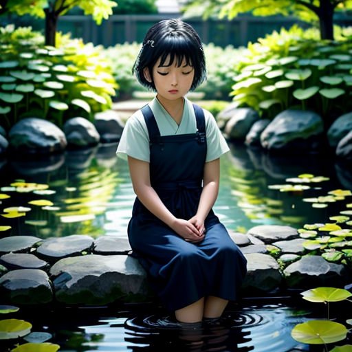 a young girl sitting on a rock in a pond of water with lily pads around her and a pond of water lillies