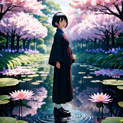 a woman standing in a pond with lily pads and trees in the background, with a reflection of her in the water