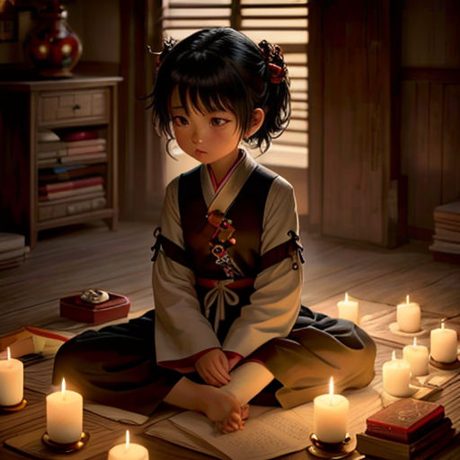 a little girl sitting on a floor surrounded by candles and books with a book in front of her and a book on the floor