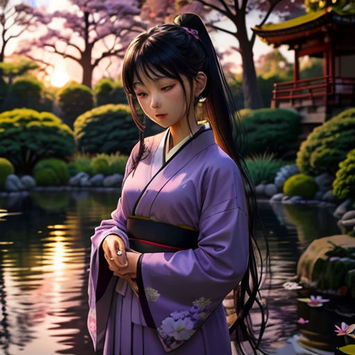 a woman in a purple dress standing next to a pond with flowers on it and a pagoda in the background