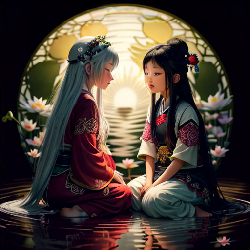 two women sitting on the ground in front of a mirror with flowers on it and a sun in the background