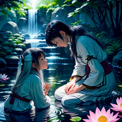 a woman kneeling down next to a child in a pond of water with lily flowers on the side of the water