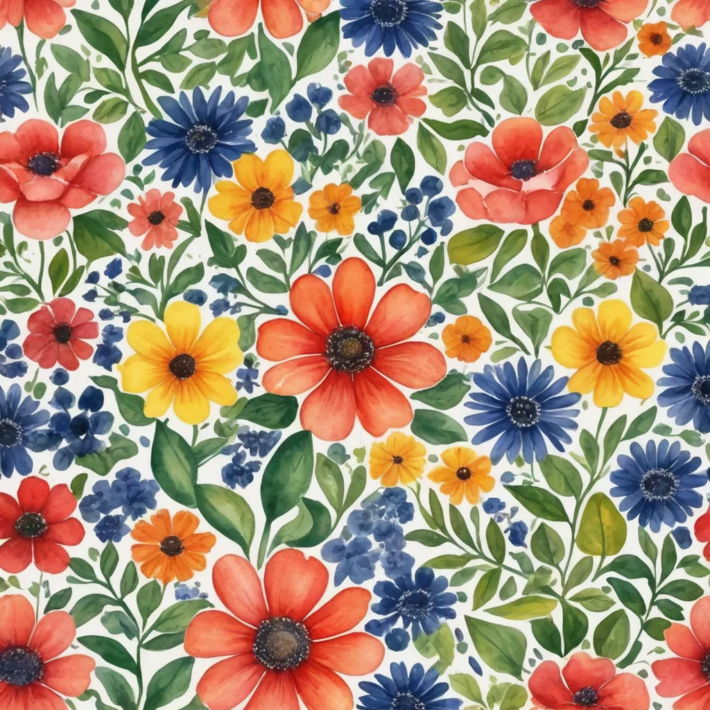 a painting of flowers and leaves on a white background with blue, red, yellow and green leaves and flowers, folk art, a watercolor painting, Annabel Kidston, flowers