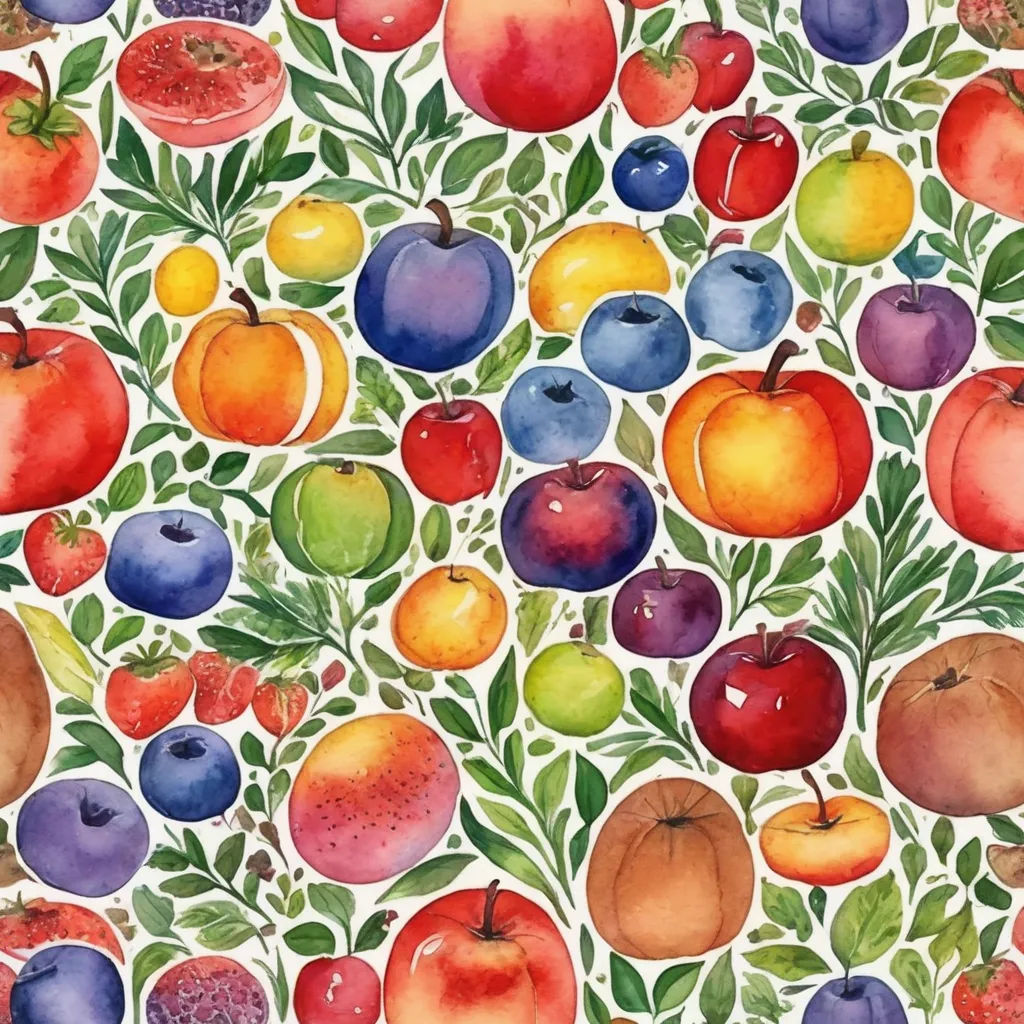 a painting of a bunch of fruit on a white background with green leaves and tomatoes on it, all in a pattern, folk art, a watercolor painting, Annabel Kidston, berries
