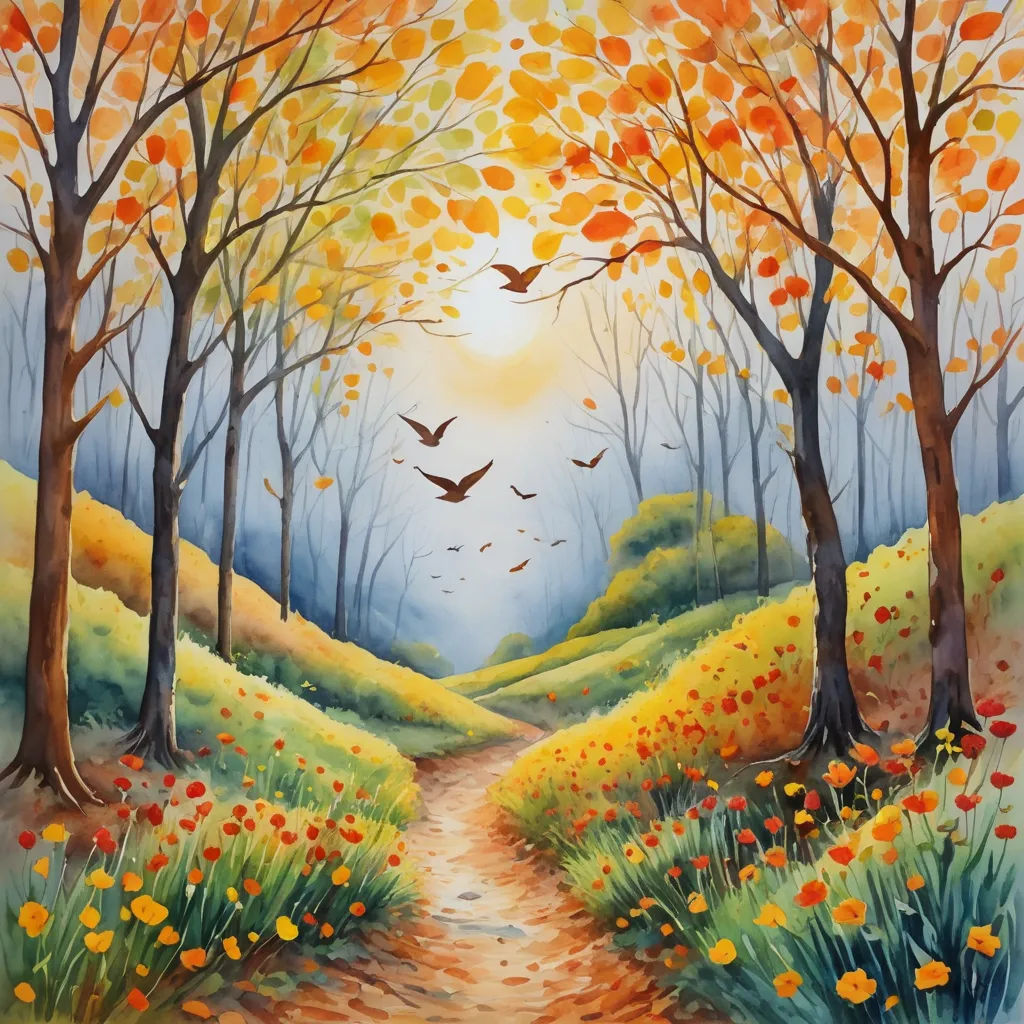 a painting of a path leading to a forest with trees and flowers on it, with birds flying overhead, american scene painting, an airbrush painting, Carol Sutton, intricate oil painting
