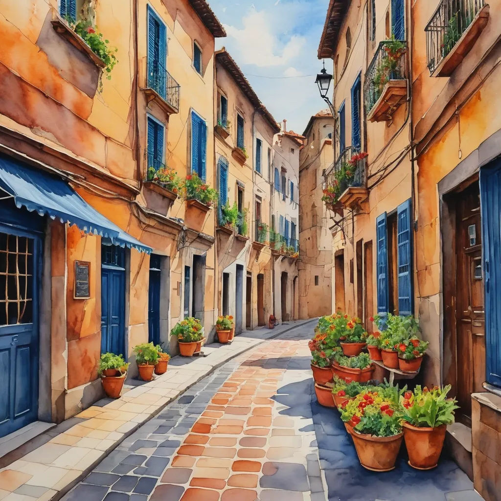 a painting of a street with potted plants and buildings in the background with blue shutters and a blue awning, modern european ink painting, a watercolor painting, David Martin, detailed painting