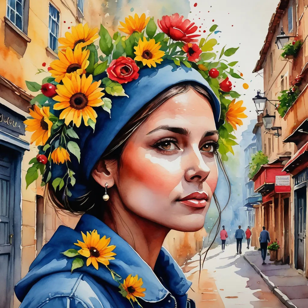 a painting of a woman with sunflowers on her head and a blue jacket on her head and a street, figurative art, a photorealistic painting, Eric Deschamps, trending on art station