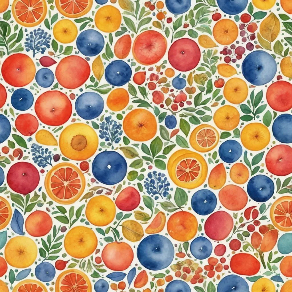 a painting of fruit and leaves on a white background with a blue border and a red border on the bottom, folk art, a watercolor painting, Annabel Kidston, detailed illustration