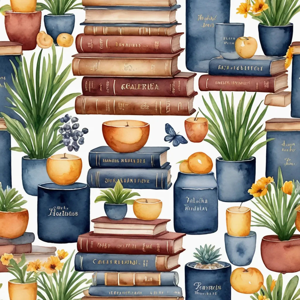 a watercolor painting of books and plants on a white background with a blue vase and a yellow flower, arts and crafts movement, a storybook illustration, Annabel Kidston, storybook illustration