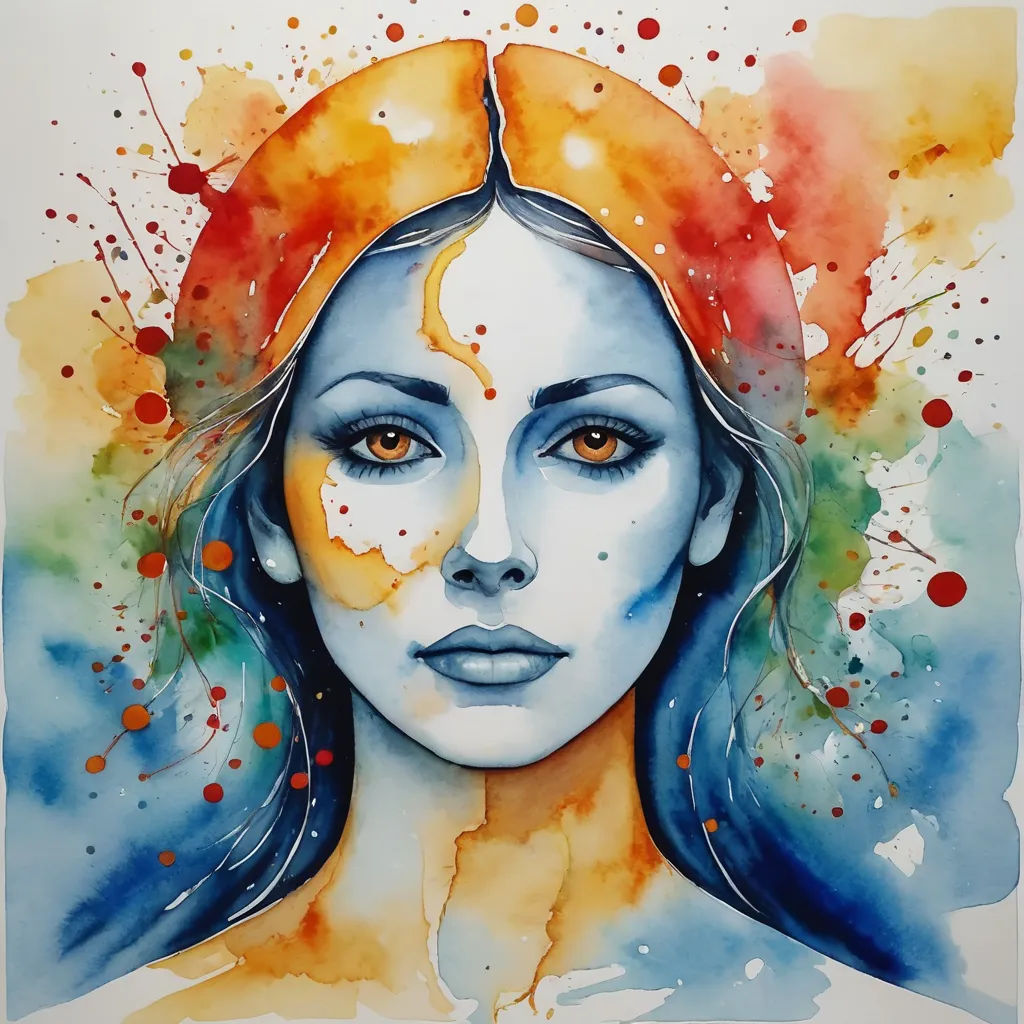 a painting of a woman with blue eyes and orange hair with a splash of paint on her face and her hair in the wind, figurative art, a watercolor painting, artist, watercolor