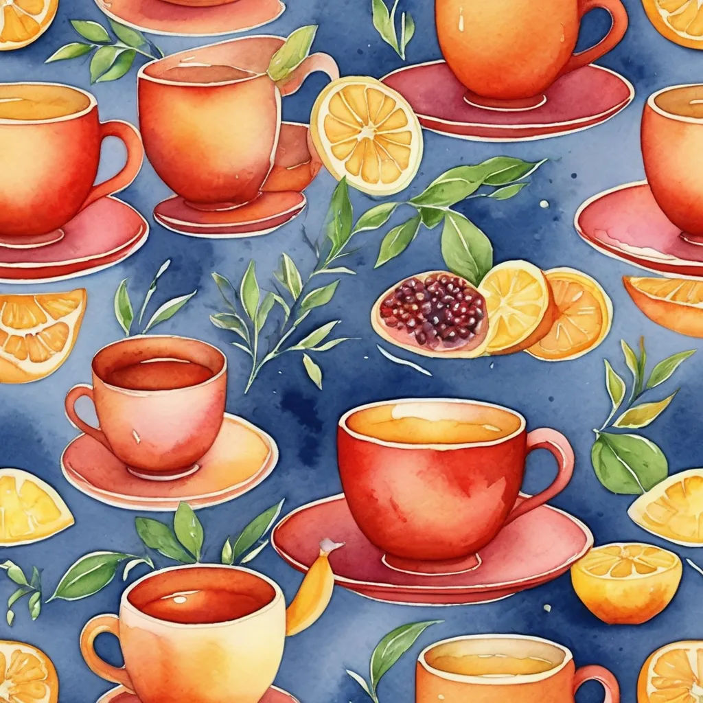 a painting of cups of tea and oranges on a blue background with leaves and lemons on the side, folk art, a detailed painting, Annabel Kidston, orange