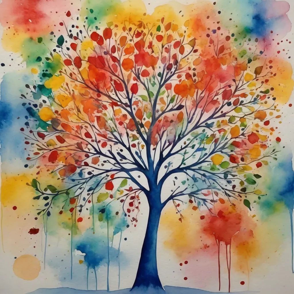 a painting of a tree with lots of leaves on it's branches and a sky background with a rainbow hue, neo-fauvism, a watercolor painting, David Brewster, organic painting