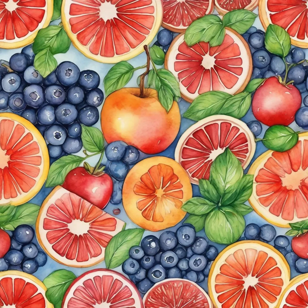 a painting of a bunch of fruit on a table top with leaves and berries on it, including oranges, blueberries, and apples, folk art, a watercolor painting, Claire Hummel, berries