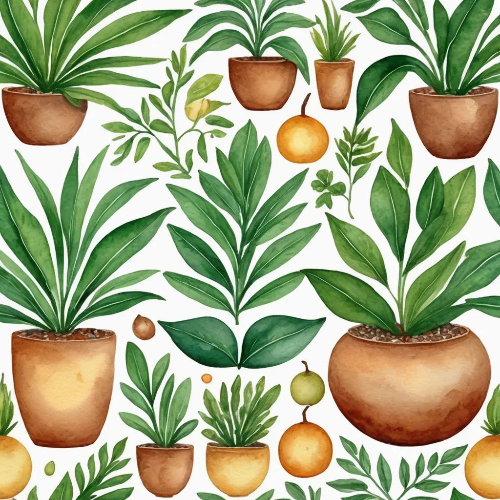 a painting of potted plants and fruit on a white background with green leaves and oranges on the bottom, folk art, a storybook illustration, Annabel Kidston, plants
