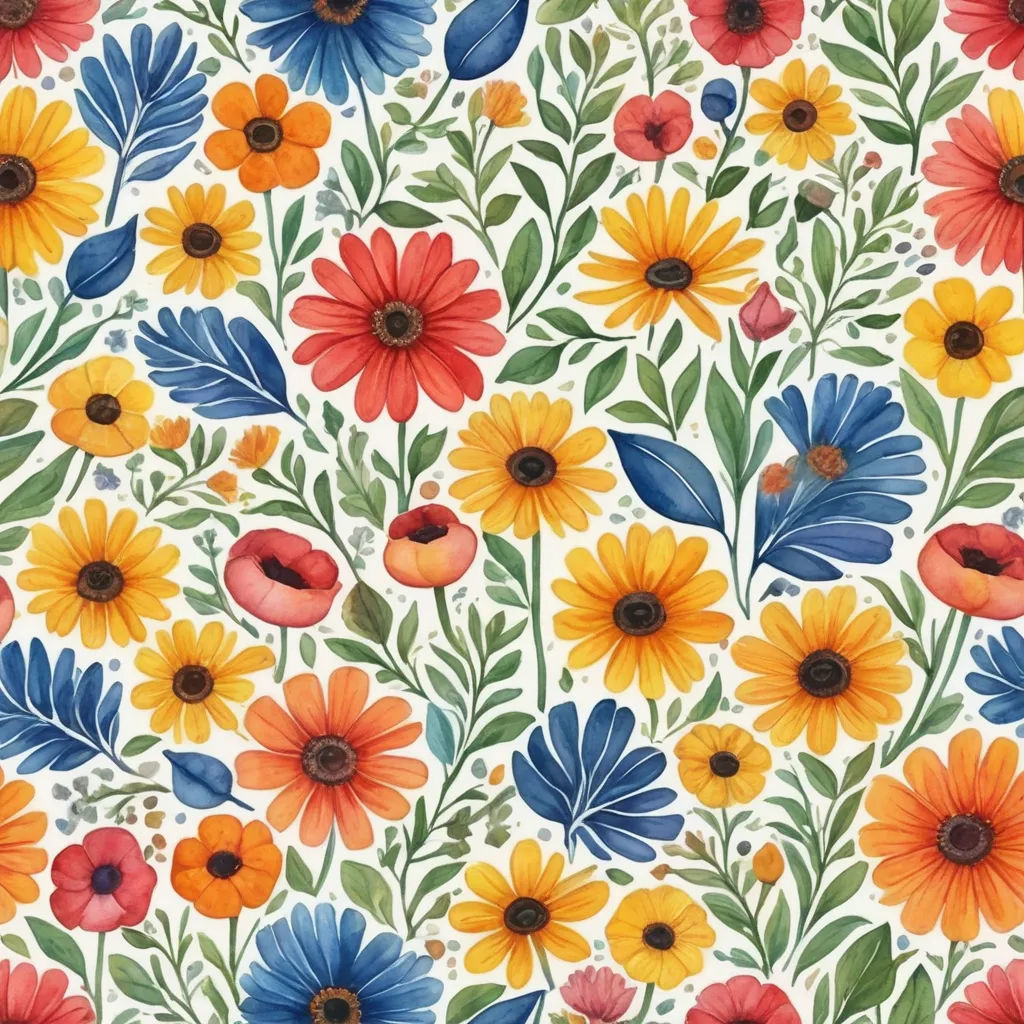 a colorful flower pattern on a white background with blue, yellow, and red flowers and leaves on it, folk art, a flemish Baroque, Annabel Kidston, flowers